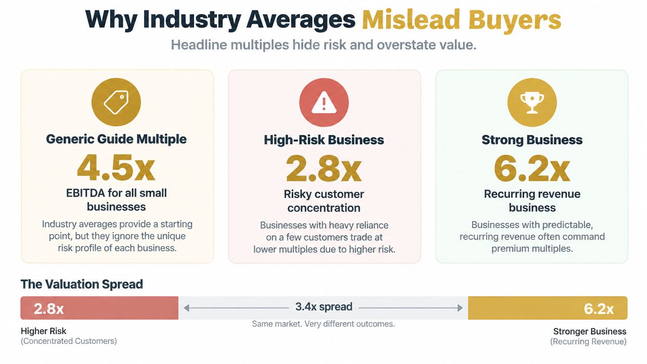 A graphic illustrating how industry average multiples misrepresent the valuation of high-risk versus strong small businesses.