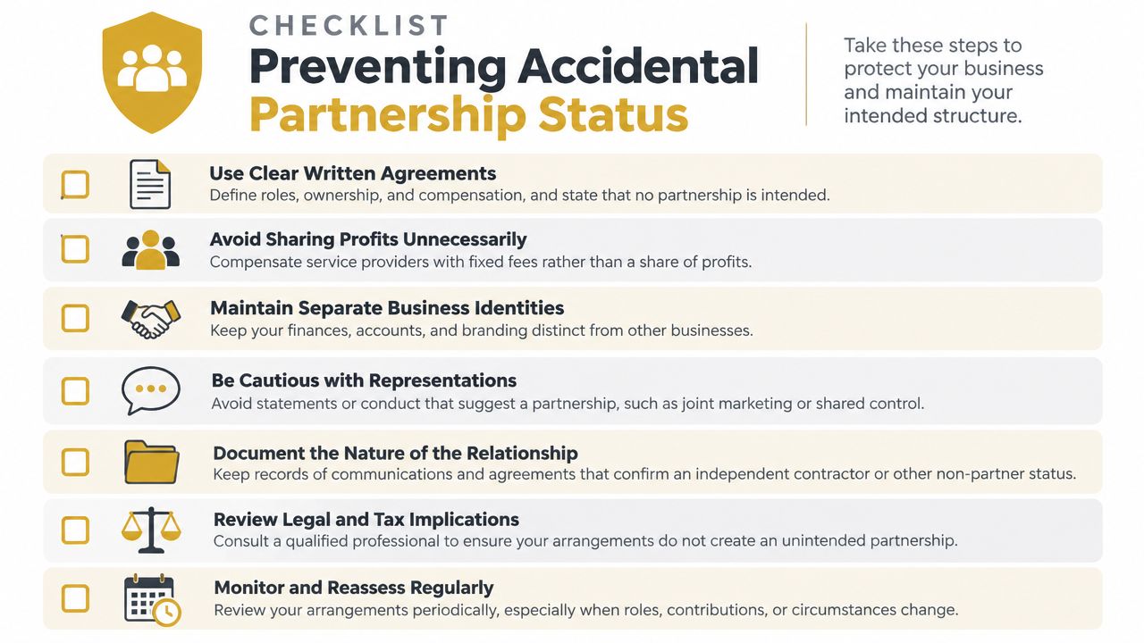 A checklist infographic titled Preventing Accidental Partnership Status offering business advice to maintain intended organizational structures.