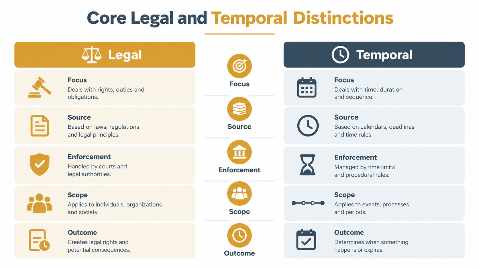 A comparison chart outlining the core differences between legal frameworks and temporal constraints in business contexts.