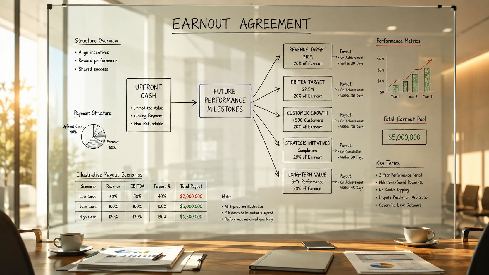A whiteboard presentation displaying a detailed earnout agreement structure with performance milestones, payment scenarios, and metrics.
