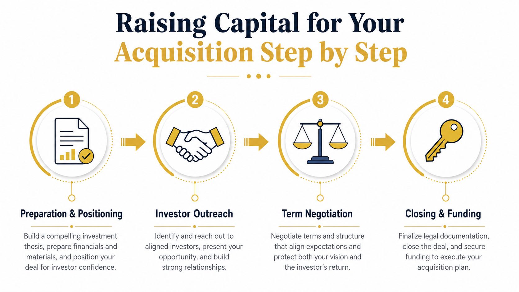 A four-step infographic illustrating the process of raising capital for business acquisitions, from preparation to final funding.