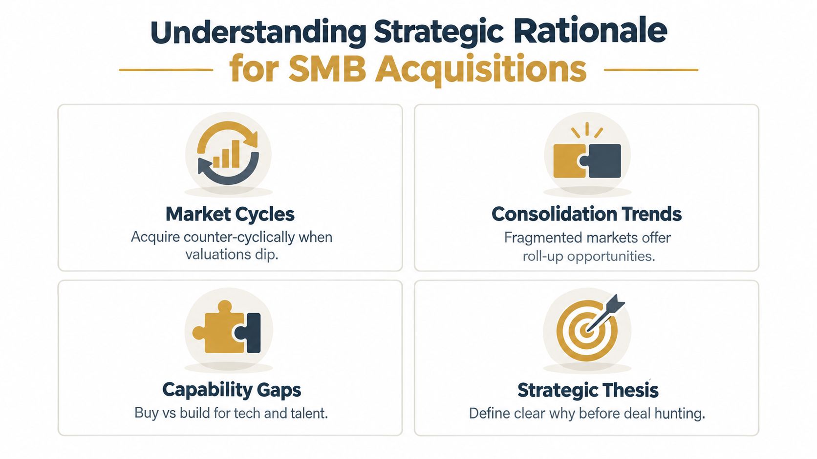 An infographic titled Understanding Strategic Rationale for SMB Acquisitions displaying four key business growth drivers.