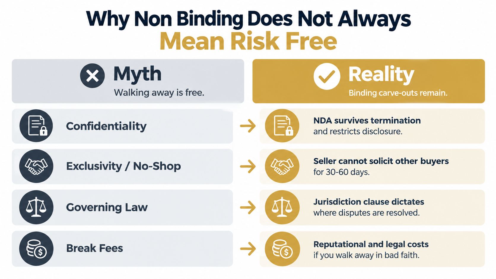 An infographic comparing the myth that walking away from non-binding offers is free versus the legal reality.
