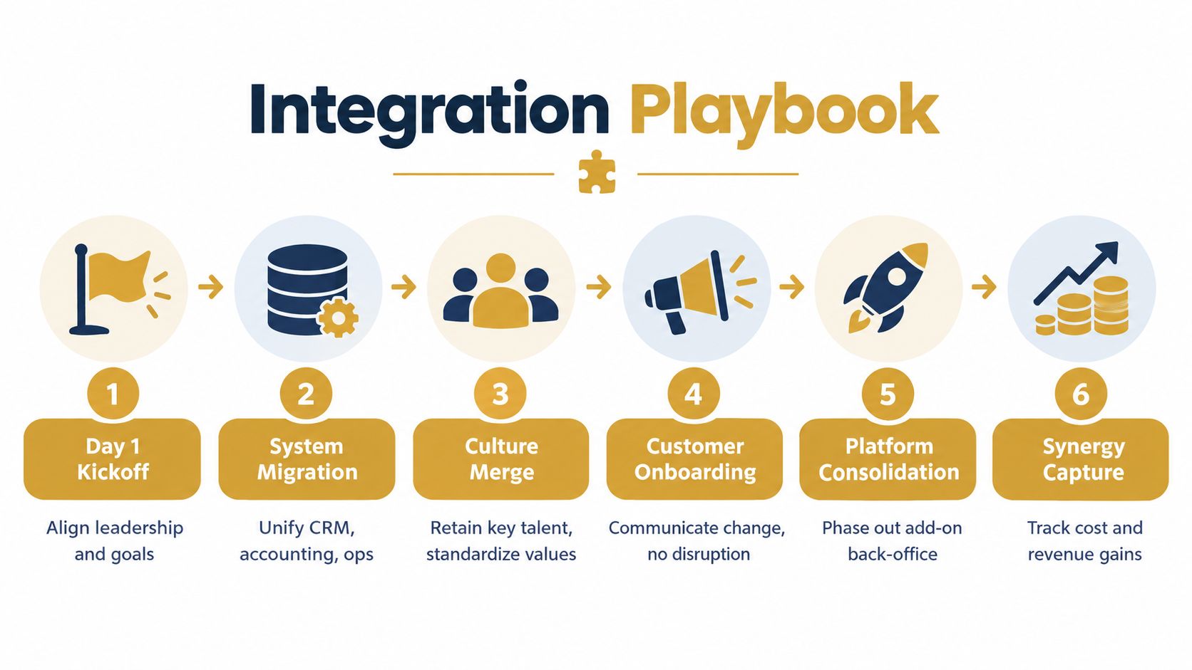 A six-step infographic illustrating the business integration playbook process from initial kickoff to synergy capture.