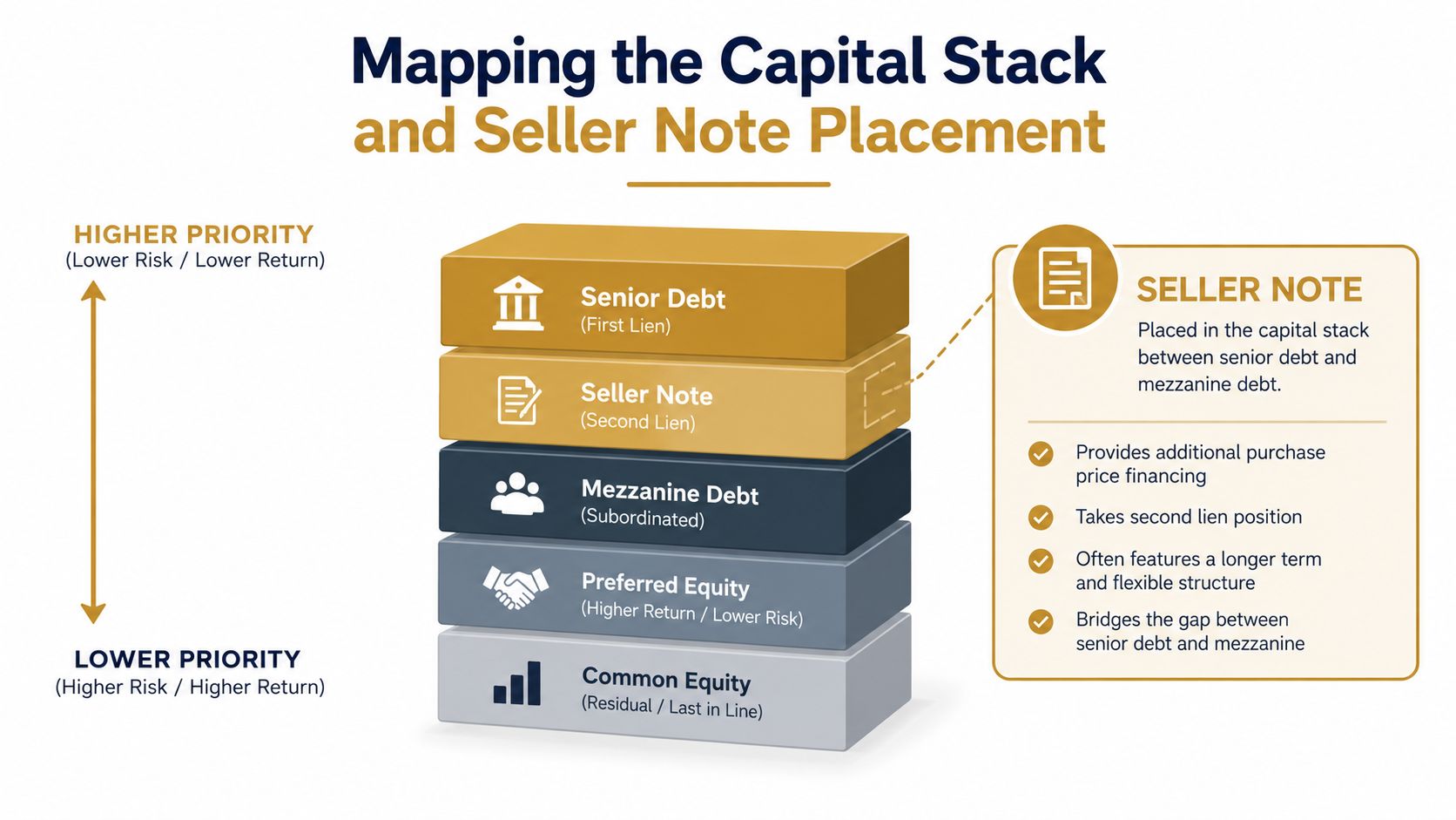 A visual guide illustrating the capital stack layers including senior debt, seller notes, mezzanine debt, and equity.