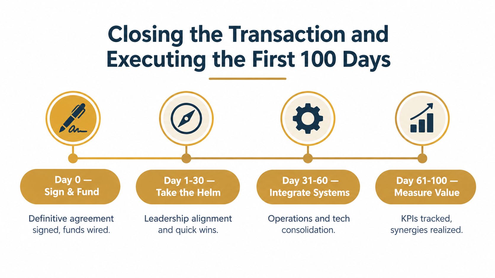 A diagram outlining the four key phases of closing a transaction and executing the first 100 days.