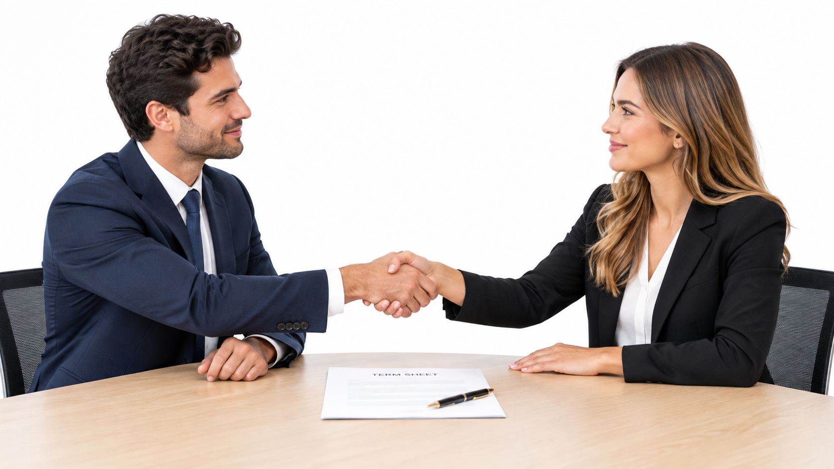A professional man and woman in business attire shaking hands over a term sheet document.