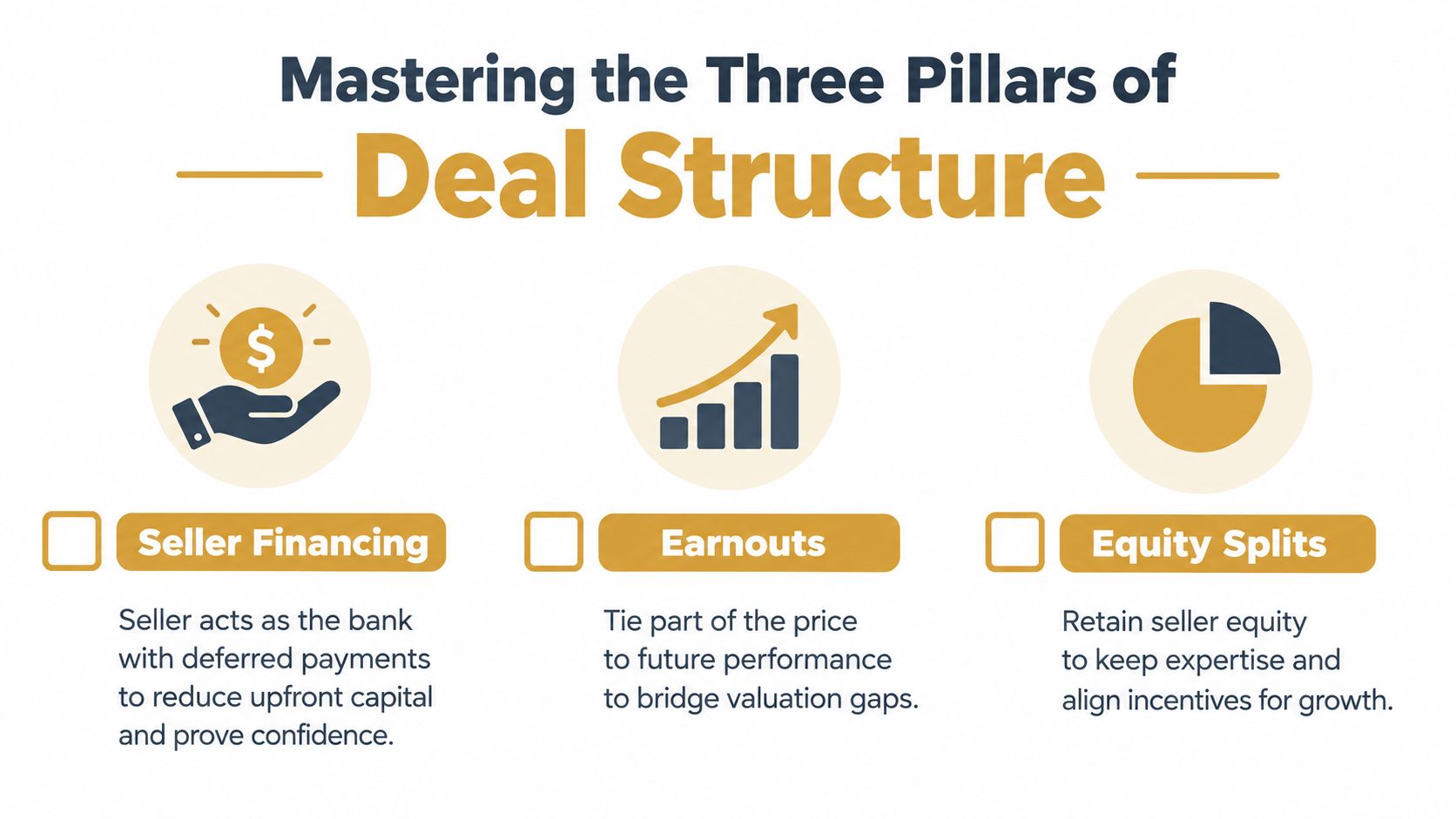 A graphic illustration detailing the three essential pillars of deal structure: seller financing, earnouts, and equity splits.