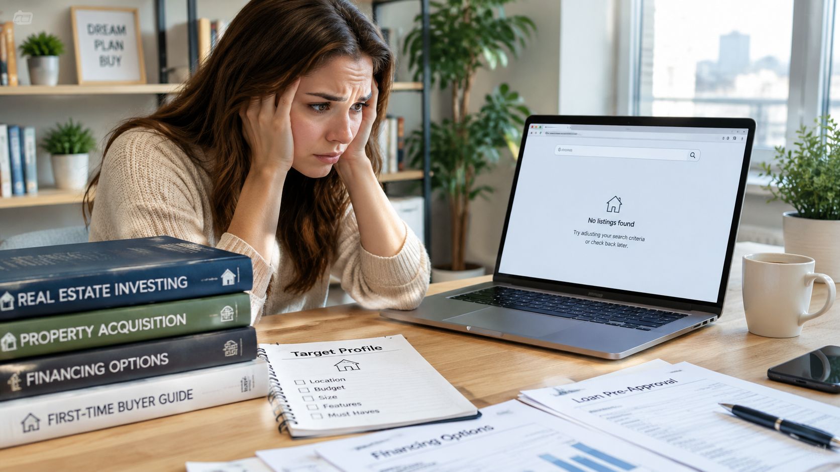 A stressed woman looking at a laptop showing no real estate listings during her property search.