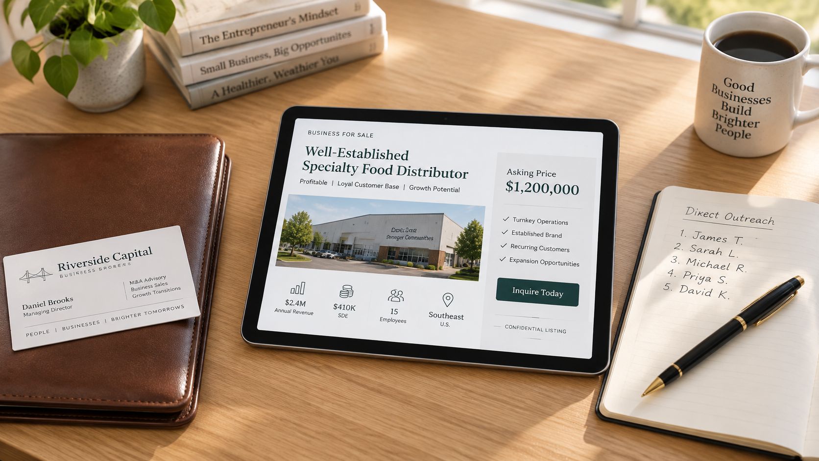 A business tablet displaying a specialty food distributor listing next to a notebook and business card.