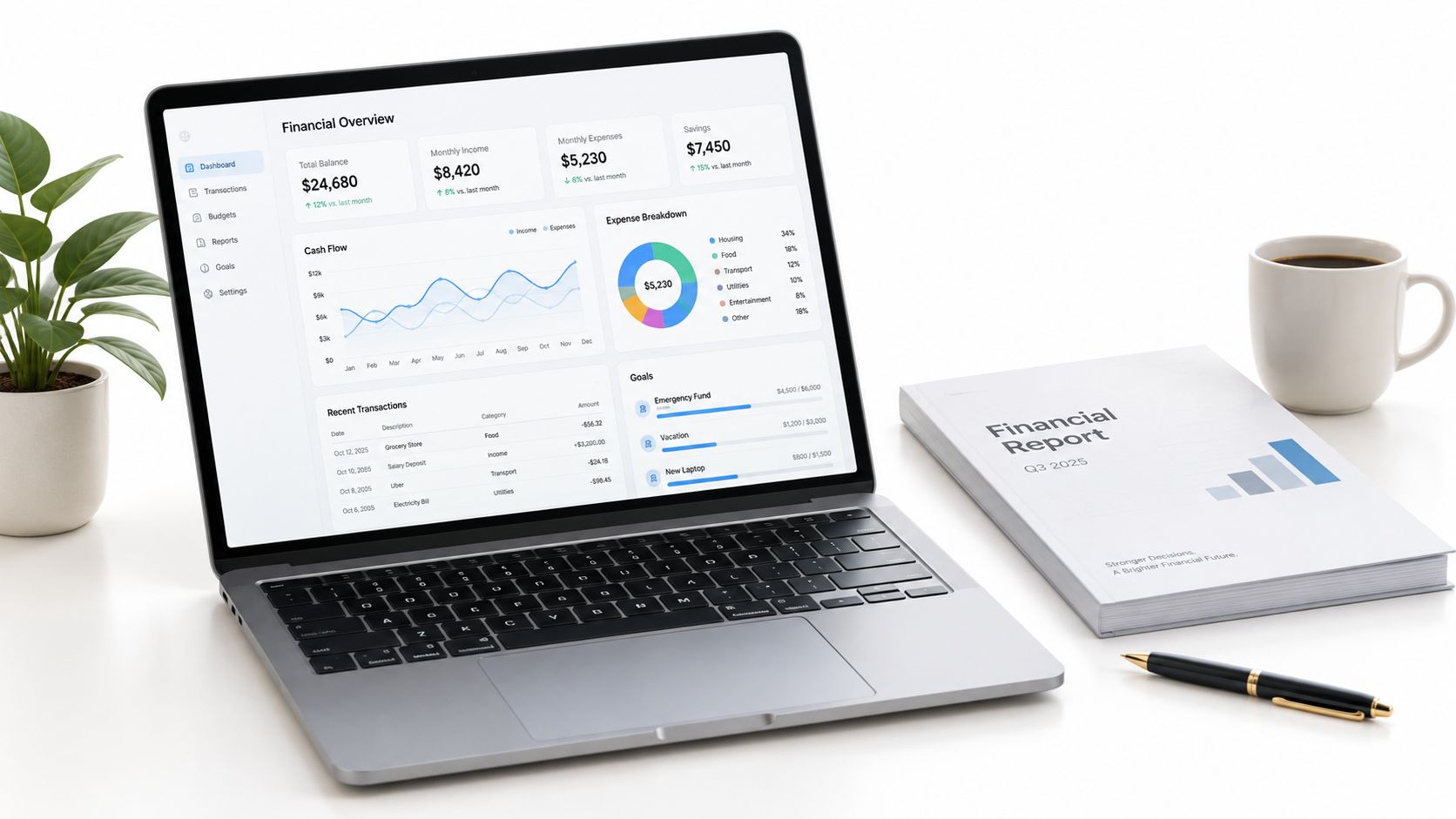 A modern laptop displaying a financial dashboard next to a coffee mug and a financial report book.