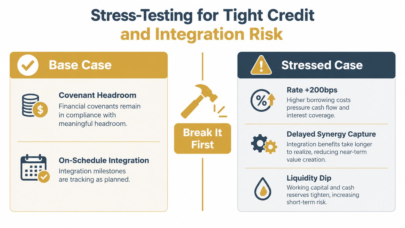 A diagram comparing base and stressed financial cases for acquisition integration and tight credit risk assessment.