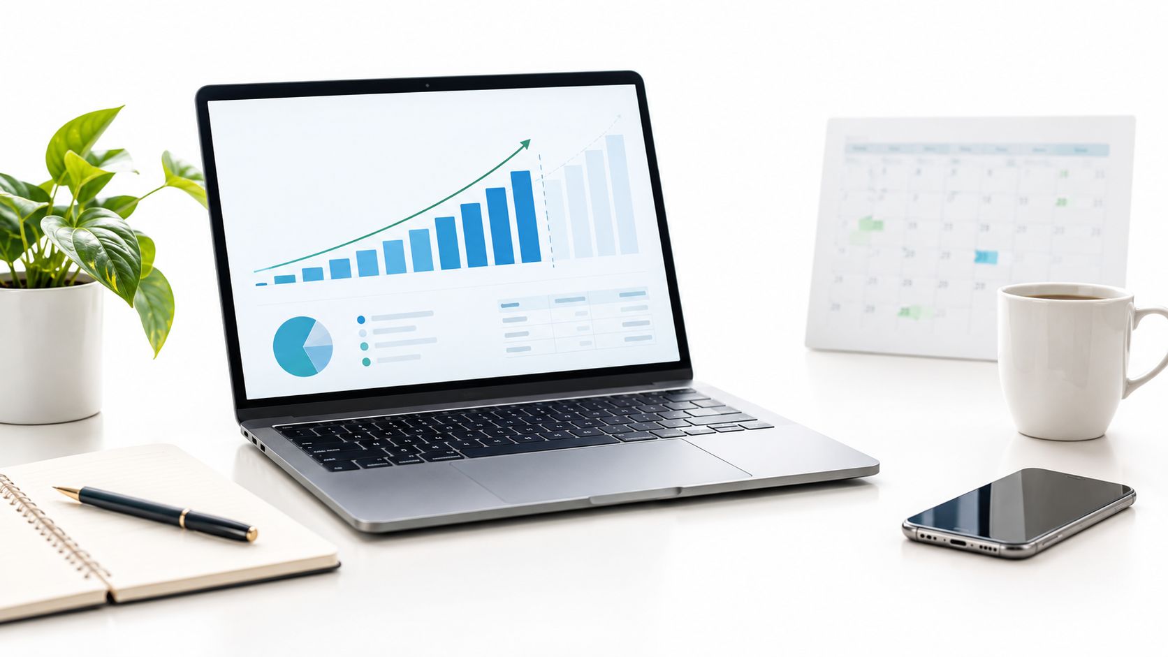 A professional workspace featuring a laptop displaying business growth charts, a notebook, a coffee mug, and a smartphone.