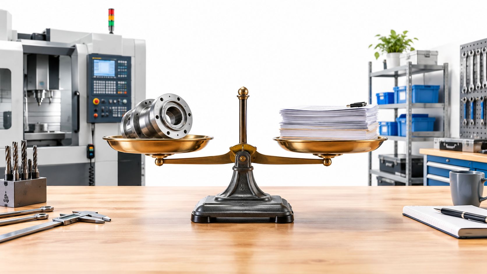 A balanced scale comparing a metallic industrial machine part against a stack of office papers on a table.