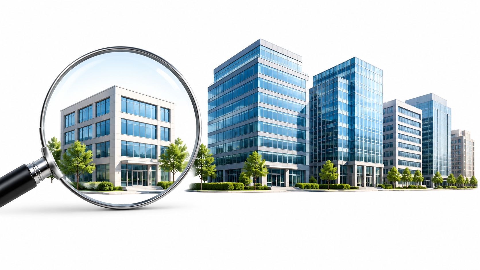 A magnifying glass focusing on a modern office building representing professional business valuation techniques analysis.