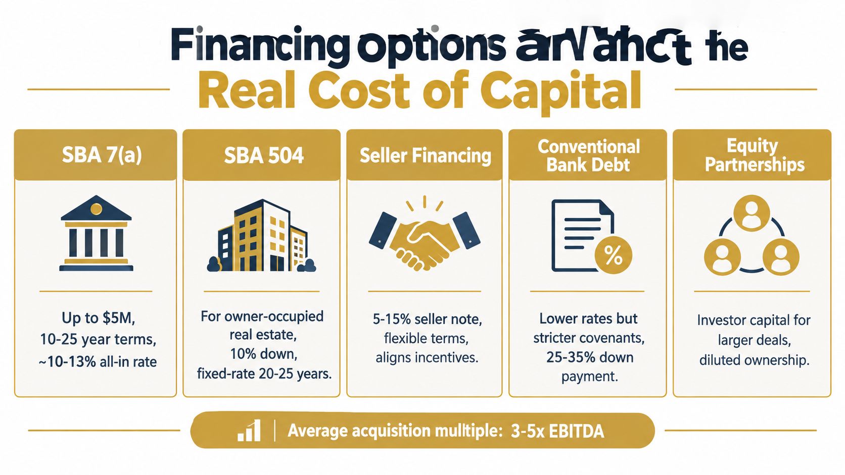 An infographic detailing various financing options for acquiring a business, including SBA loans, seller financing, and equity.
