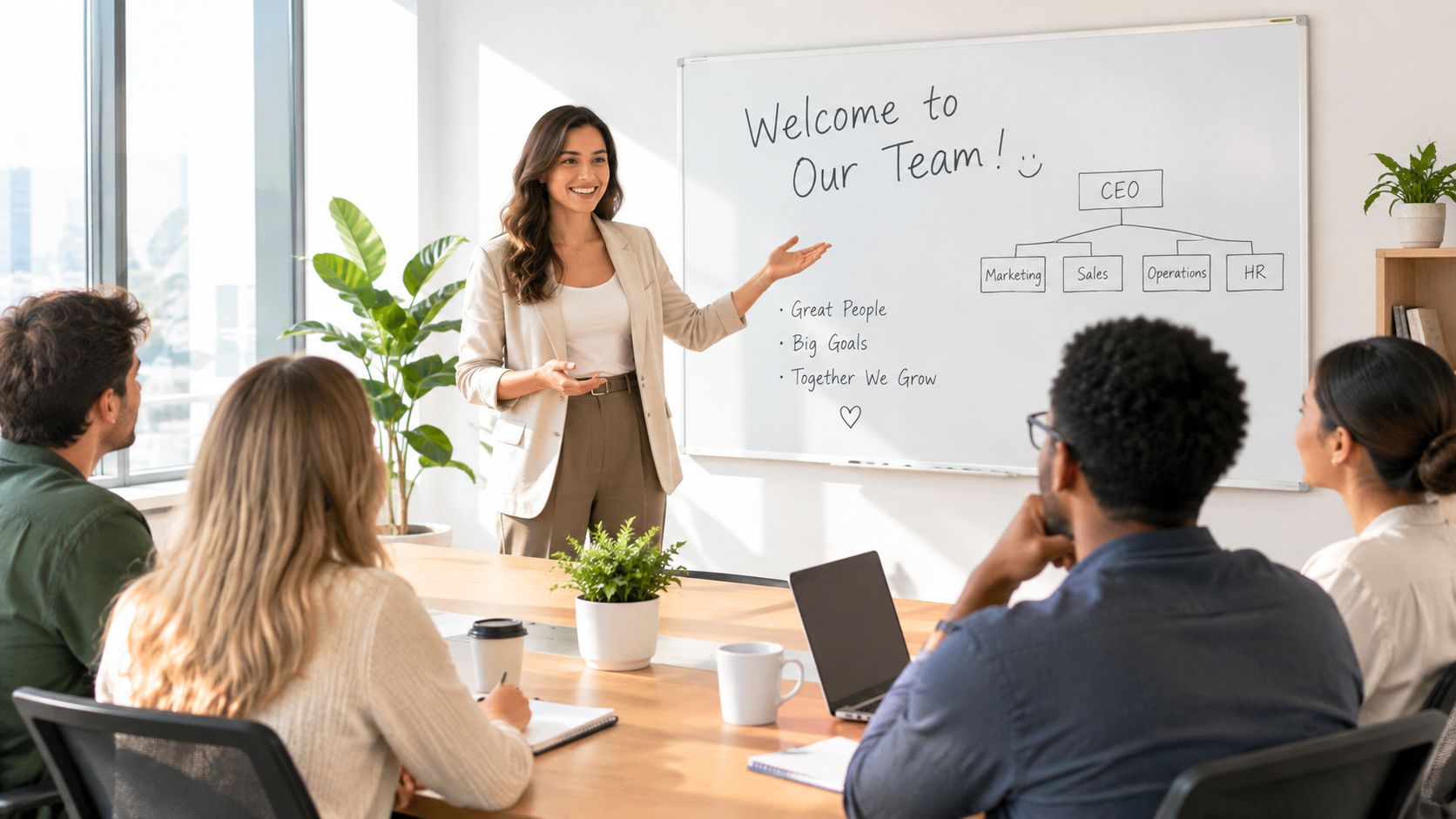 A professional woman gives a business presentation to a diverse team in a modern office meeting room.