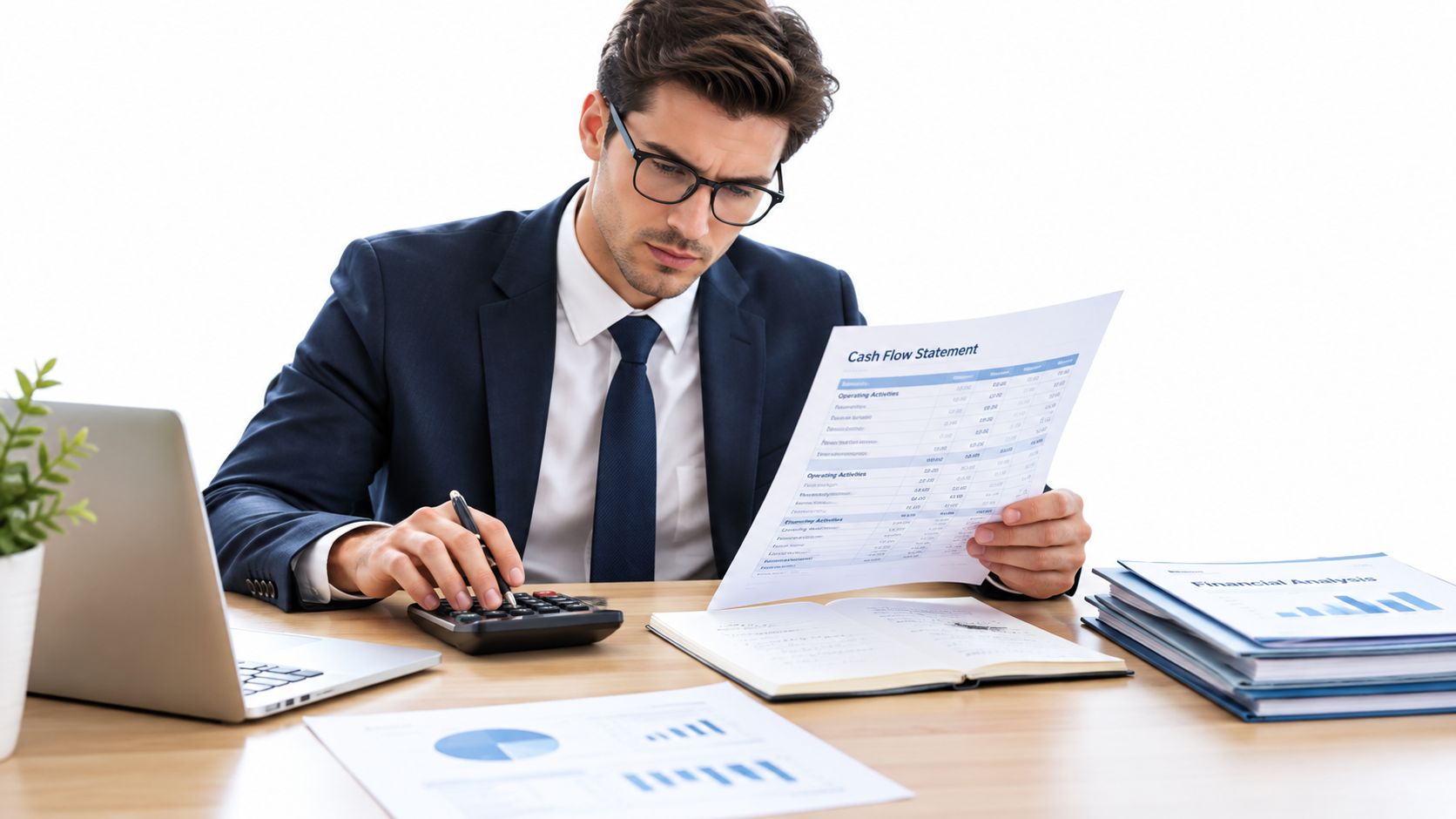 A professional man in a suit analyzes a cash flow statement while using a calculator at his desk.