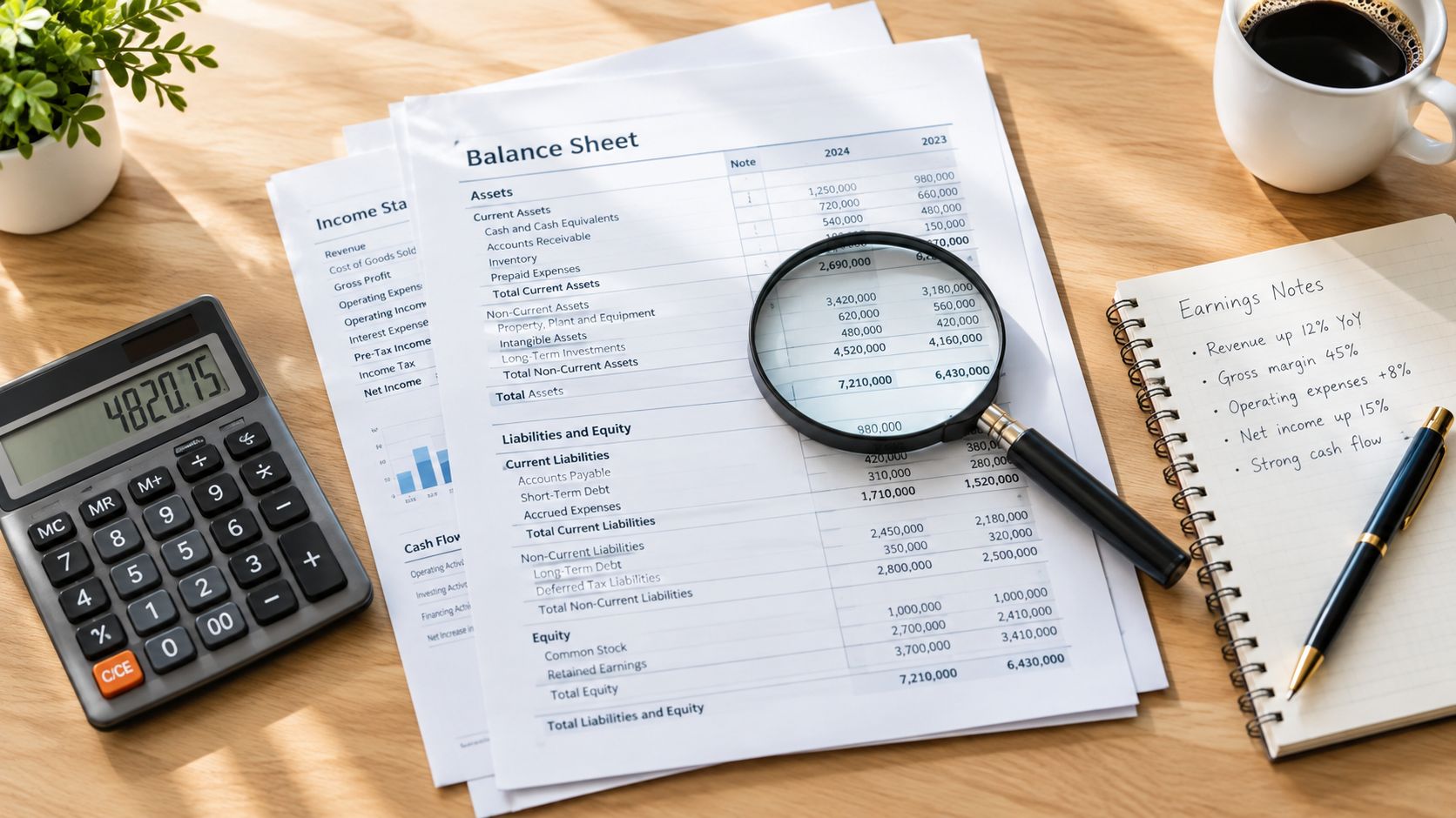 A financial report with a magnifying glass, calculator, and a notebook on a wooden desk.