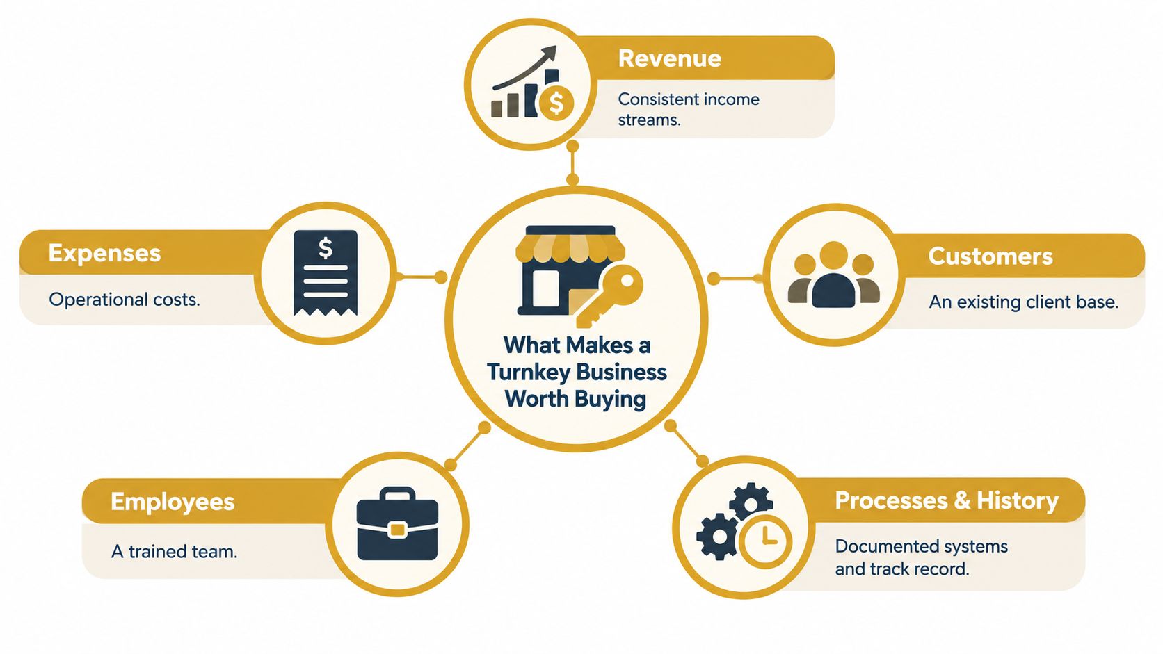 An infographic showing five key components that make a turnkey business worth buying, including revenue, customers, expenses, employees, and processes.
