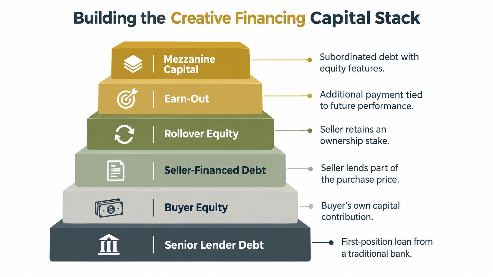 A visual pyramid showing components of a creative financing capital stack including debt and equity structures.