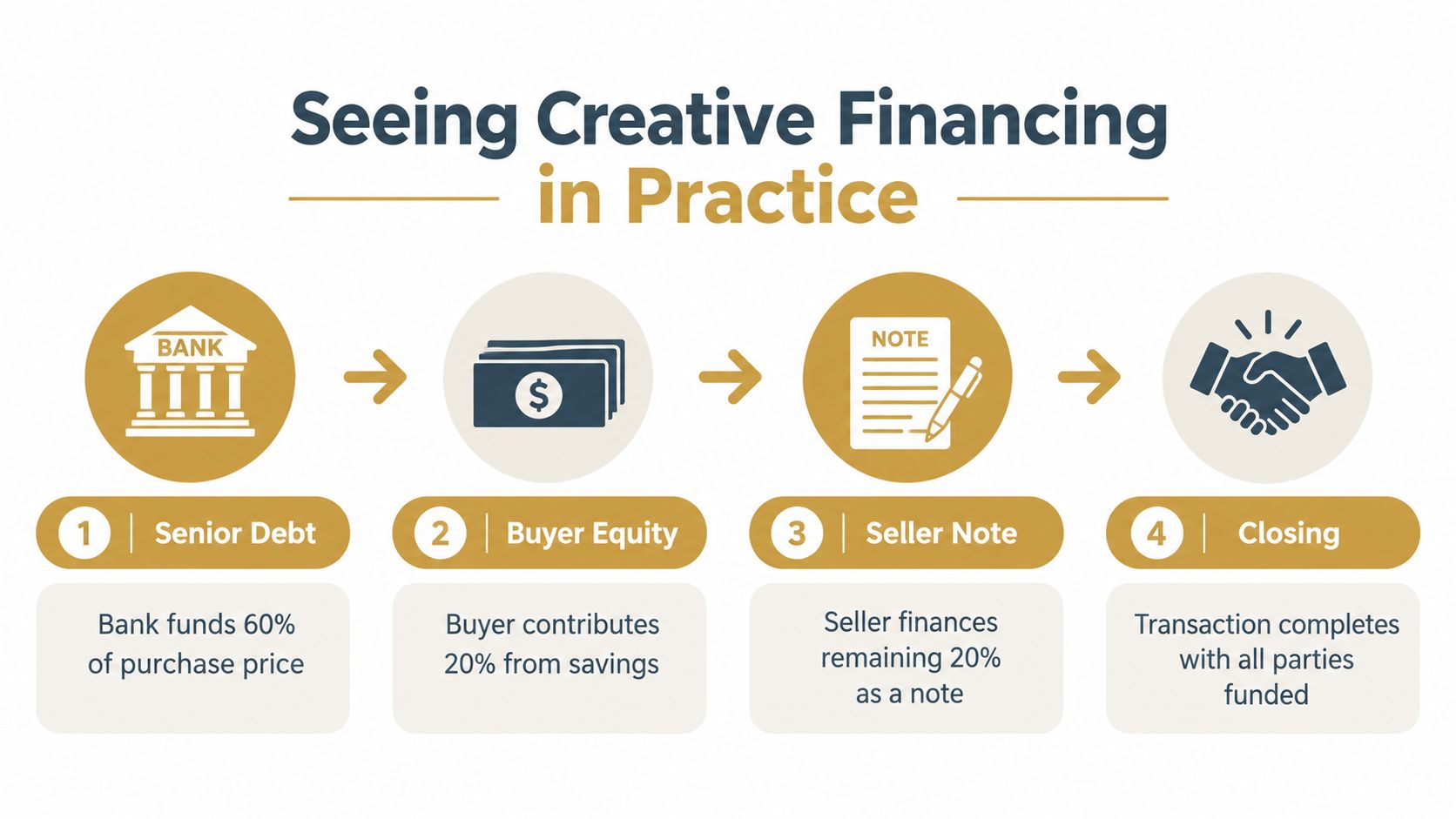 A four-step infographic illustrating creative financing involving senior bank debt, buyer equity, seller notes, and deal closing.