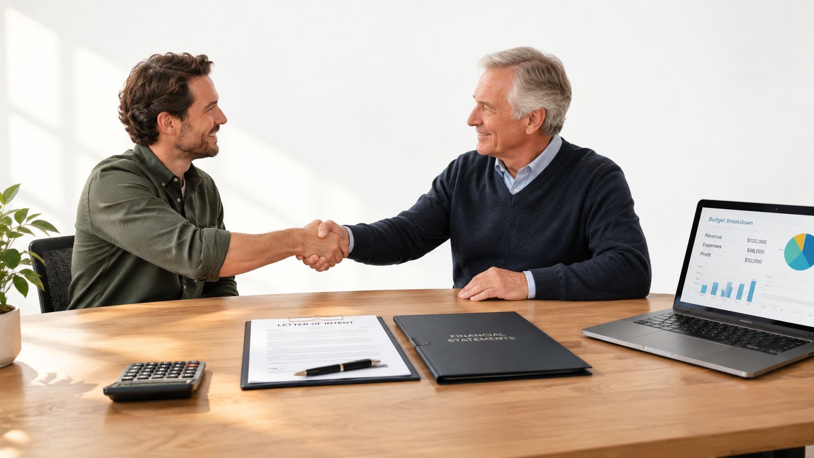 A younger man and an older businessman shaking hands over a desk with financial documents and a laptop.