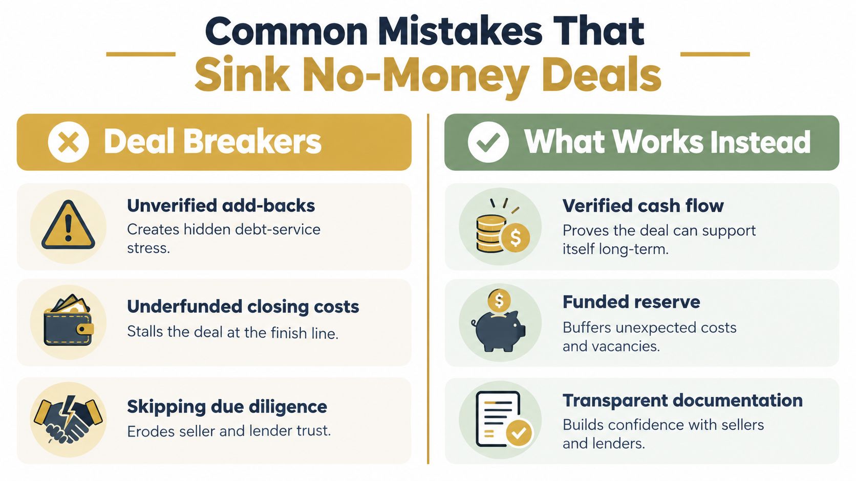 An infographic comparing deal-breaking mistakes and successful strategies for purchasing businesses with no capital.