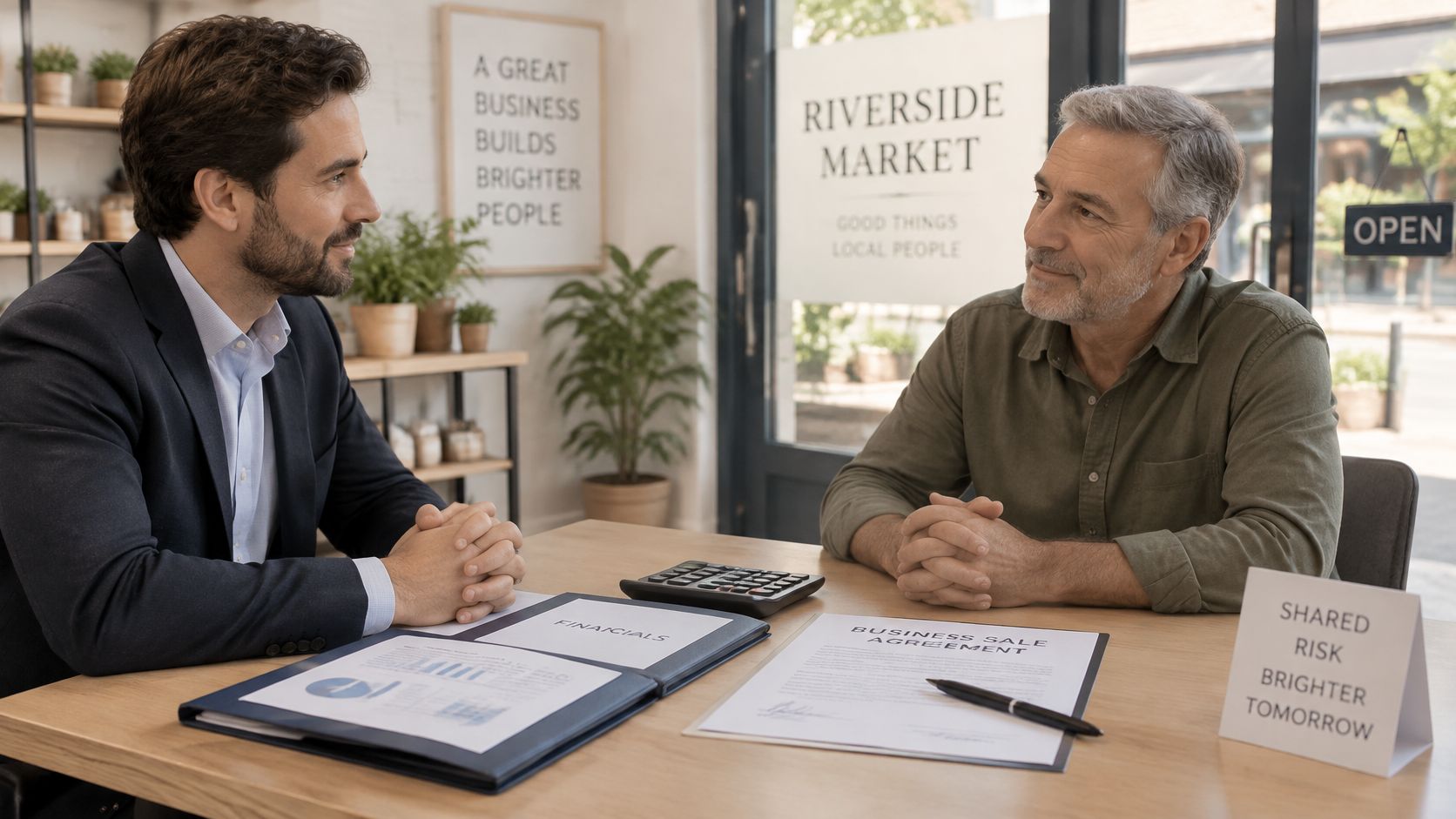 A professional business meeting between an advisor and a business owner reviewing a sale agreement at a desk.