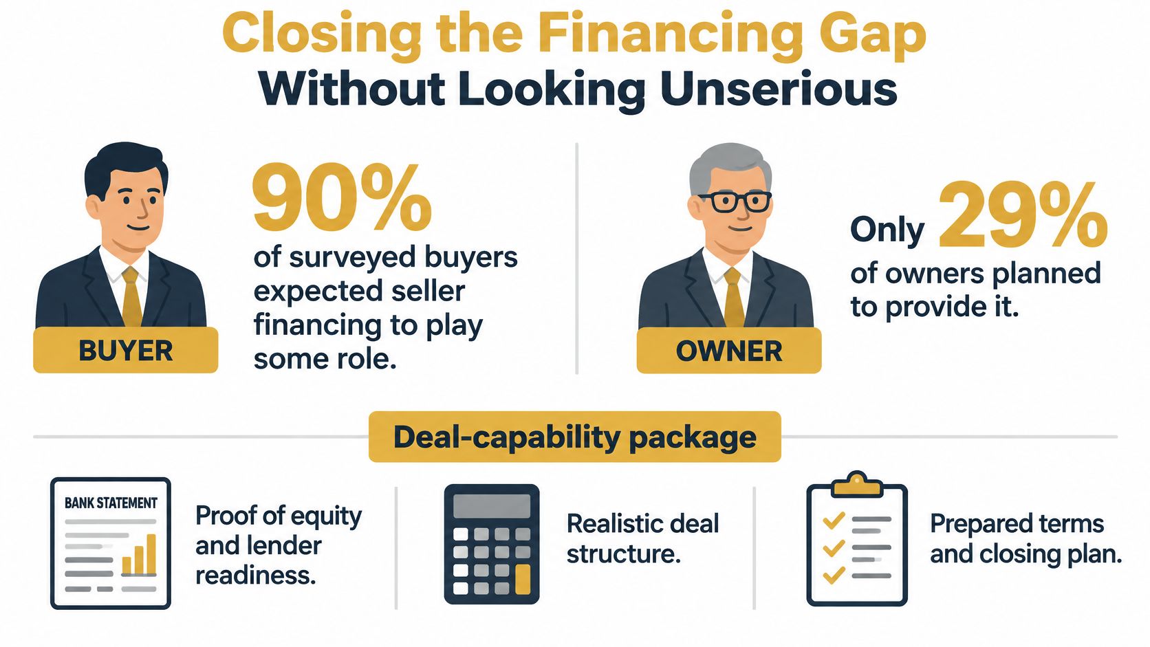 An infographic showing buyer expectations versus owner willingness regarding seller financing in business acquisitions and deal-capability strategies.