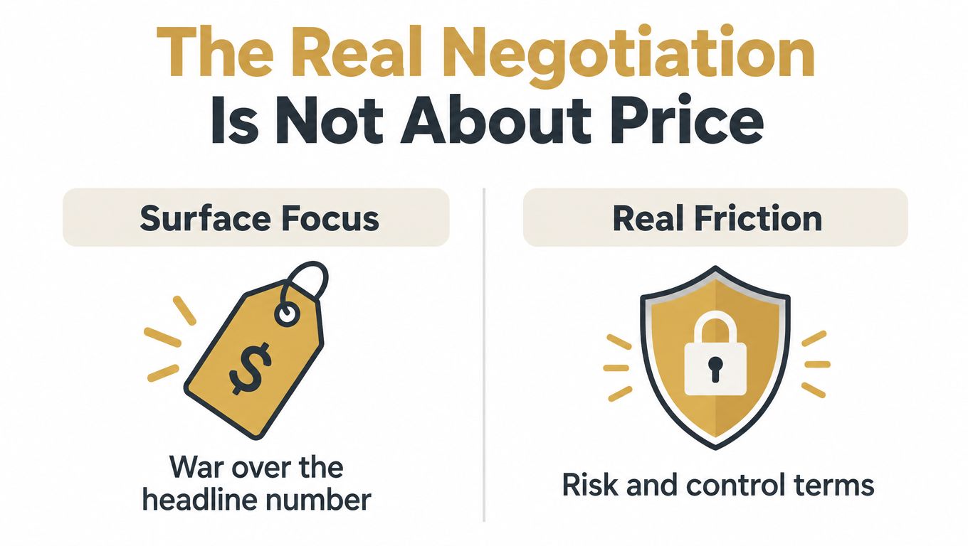 An infographic showing that real negotiation focuses on risk and control terms rather than price.