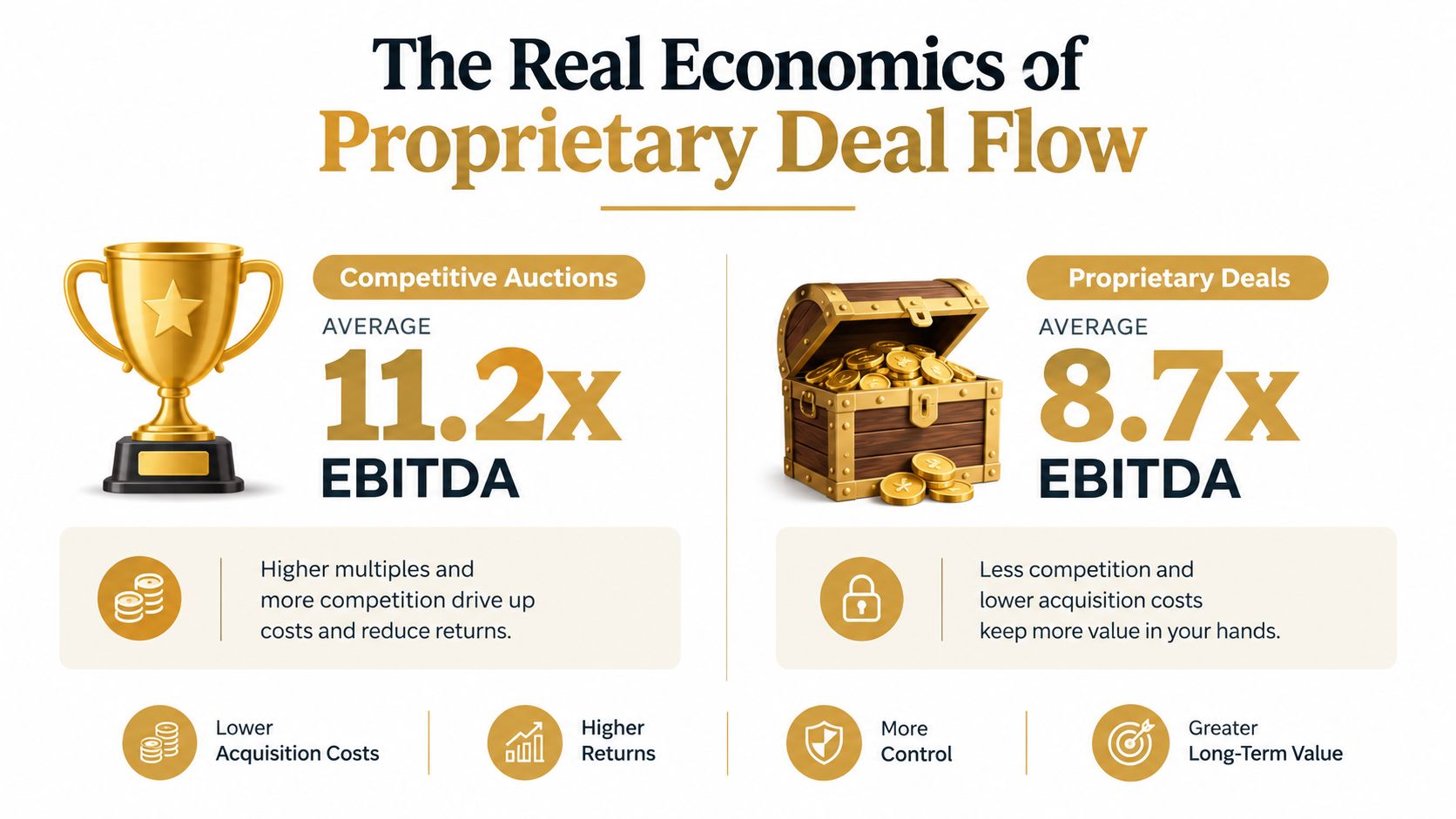 A graphic comparing proprietary deal flow to competitive auctions using EBITDA multiples and financial investment concepts.