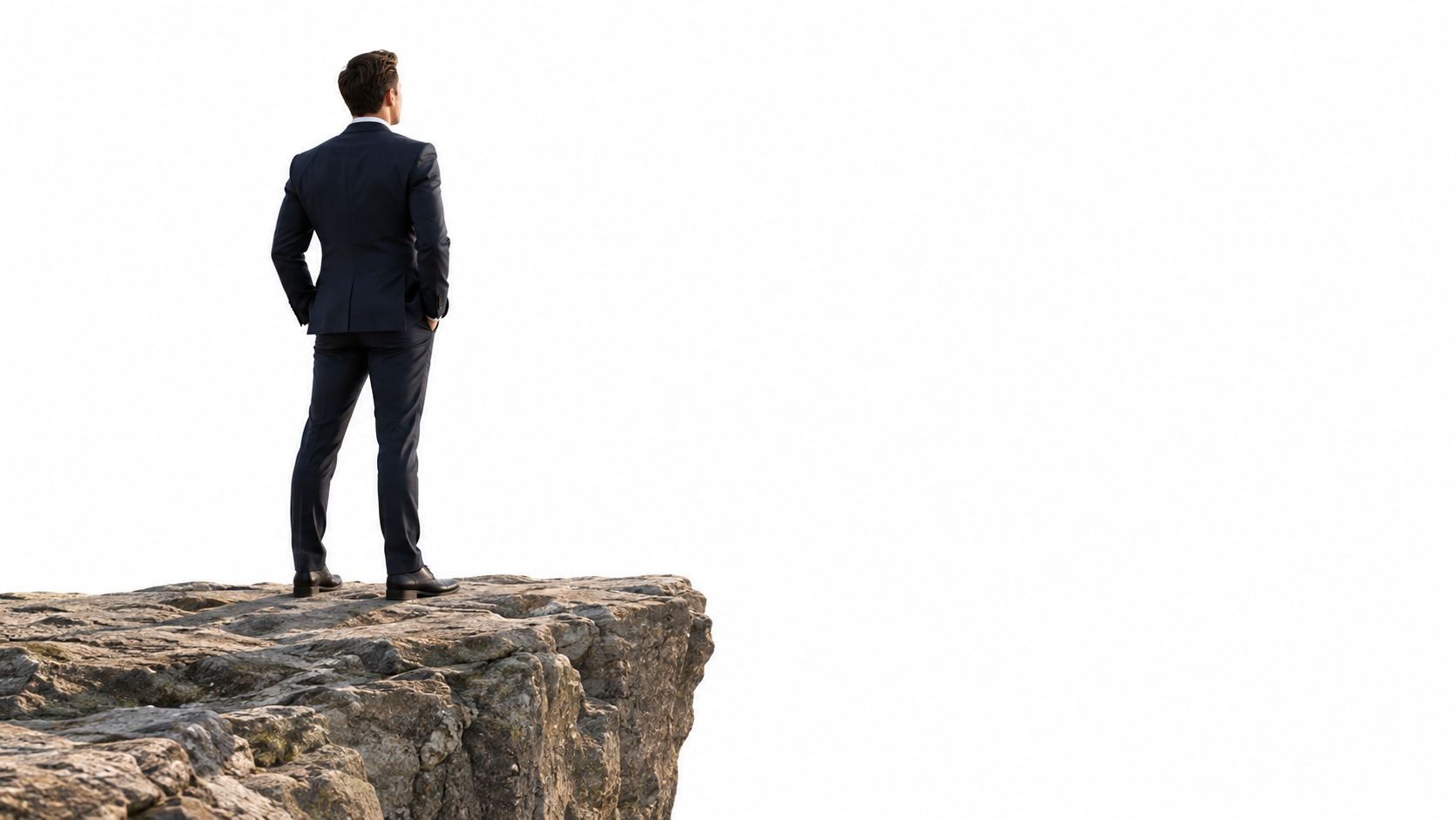 A businessman in a dark suit standing at the edge of a rocky cliff looking forward.