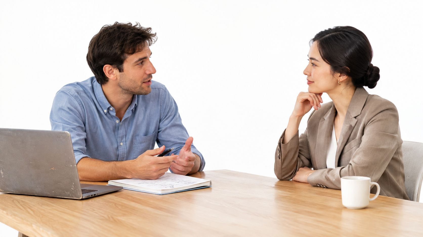 A man and woman sitting at a desk having a professional conversation during a business meeting.