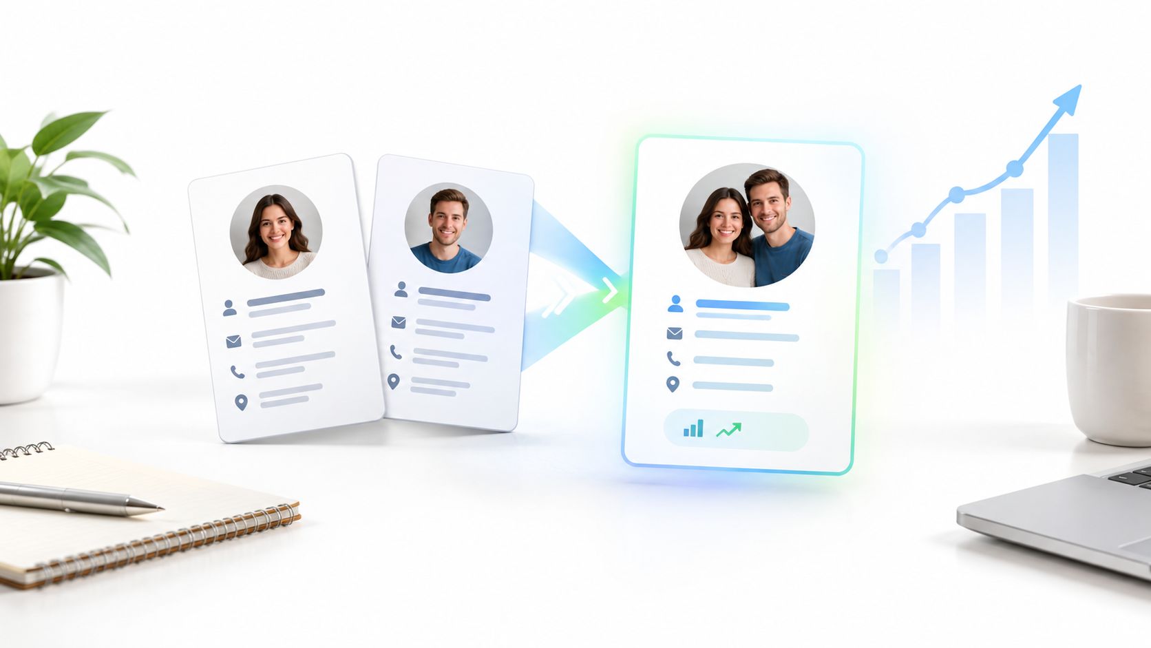 Two separate individual employee profiles merging into a single unified business profile with growth charts.