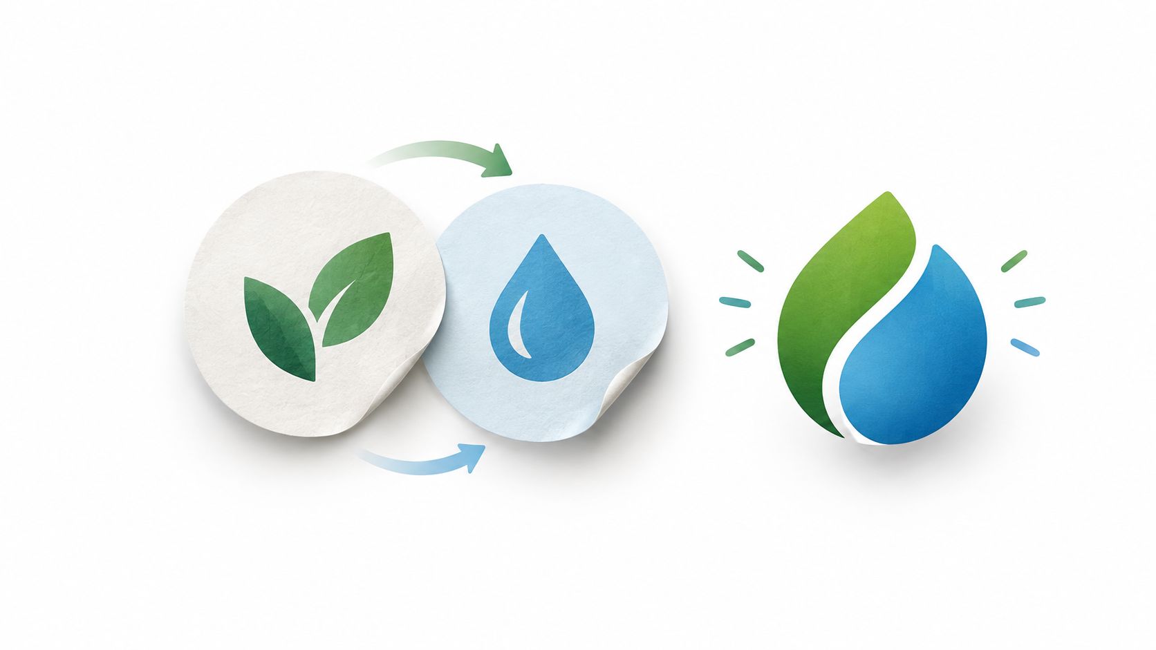 A conceptual illustration showing two leaves and a water drop merging into a single combined icon.