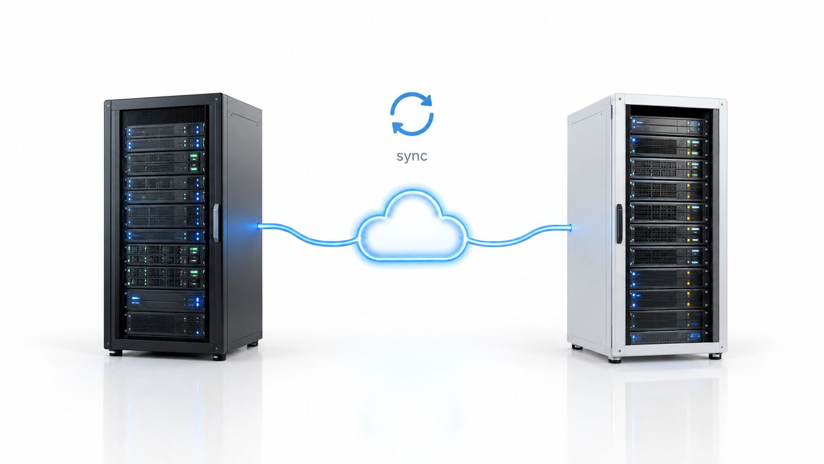 Two server racks connected via a cloud icon representing data synchronization and digital information migration.