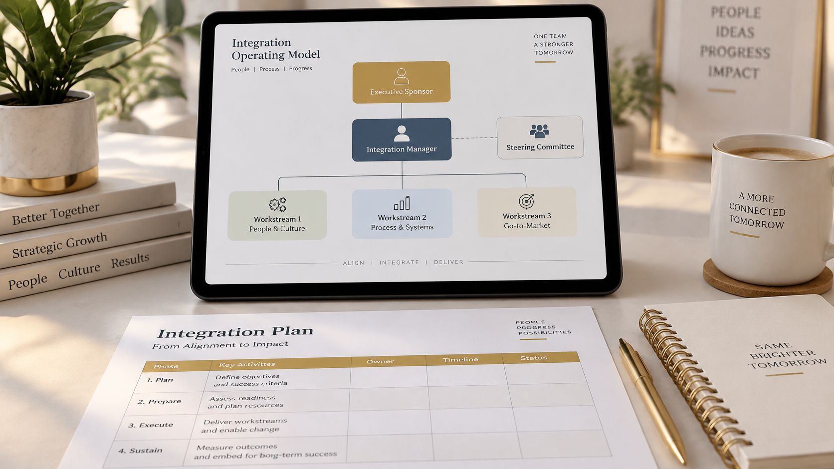 A professional tablet and planning document on a desk, illustrating a post-merger integration framework and project plan.