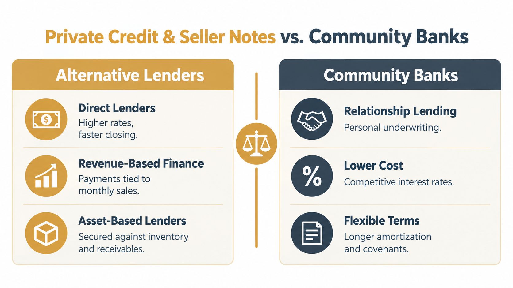 A comparison chart showing differences between private credit lenders and community banks for business financing.