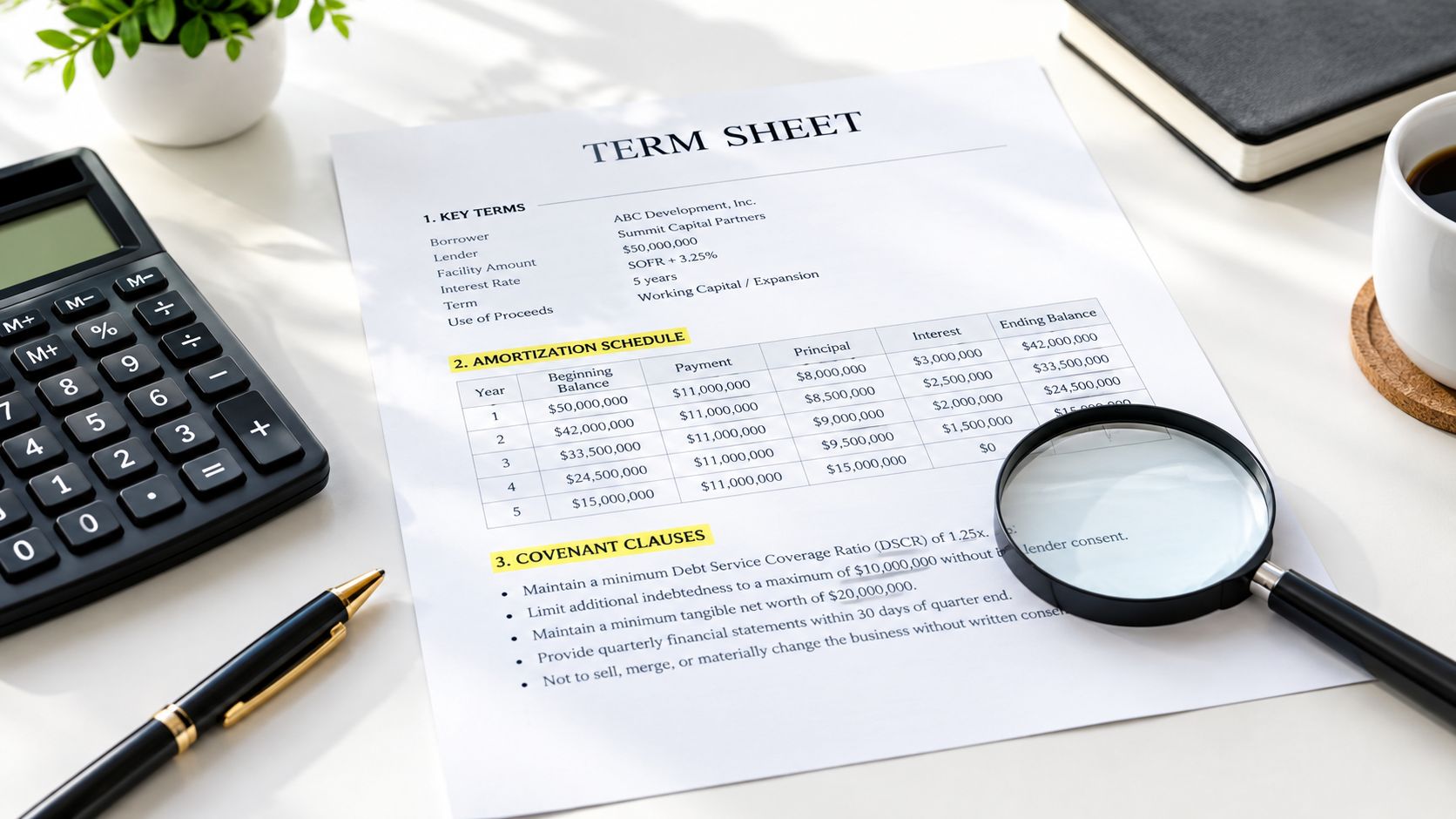 A document titled Term Sheet sits on a desk with a calculator, pen, and a magnifying glass.