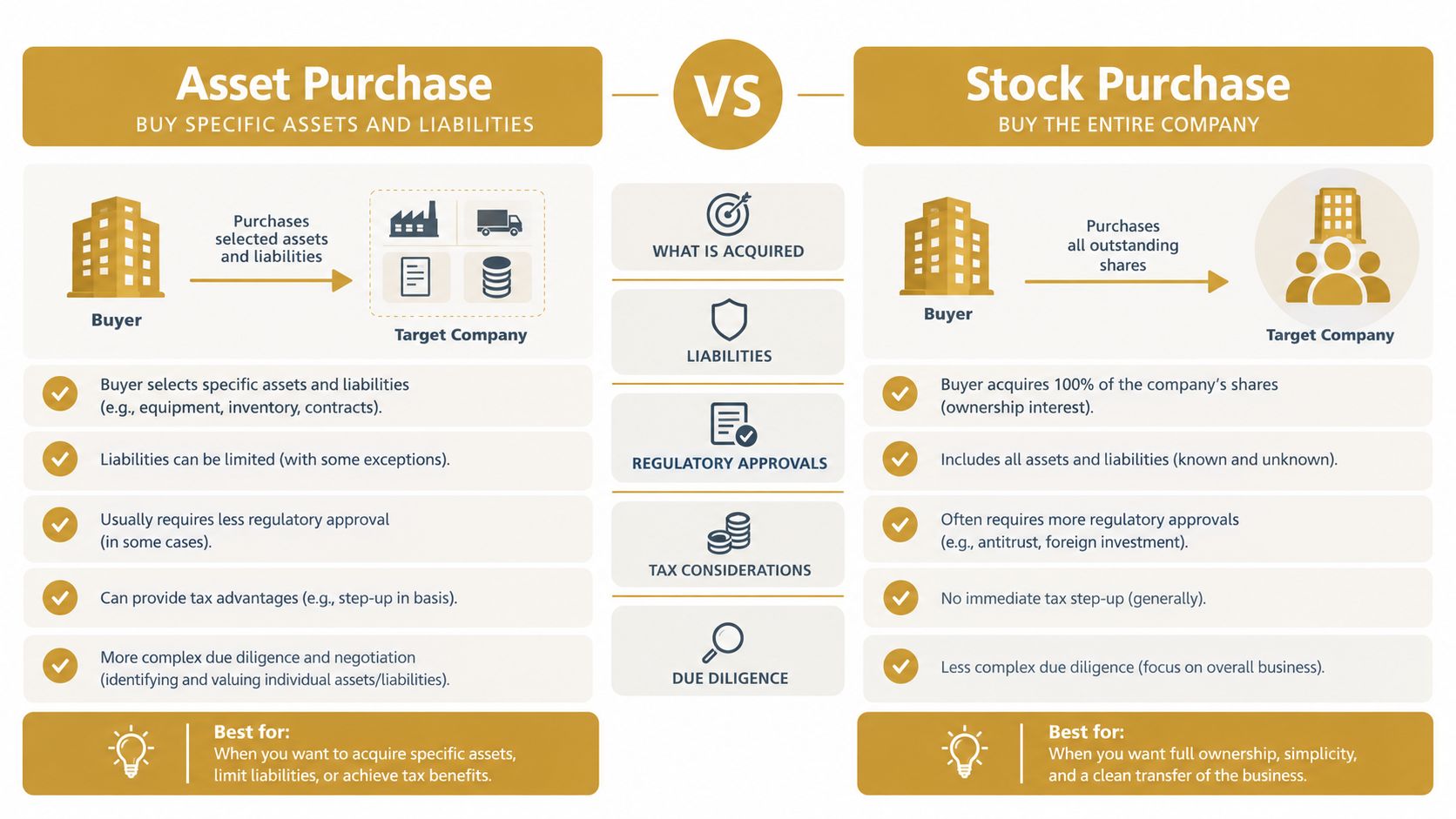A comparison infographic between asset purchase and stock purchase structures for small business acquisitions.