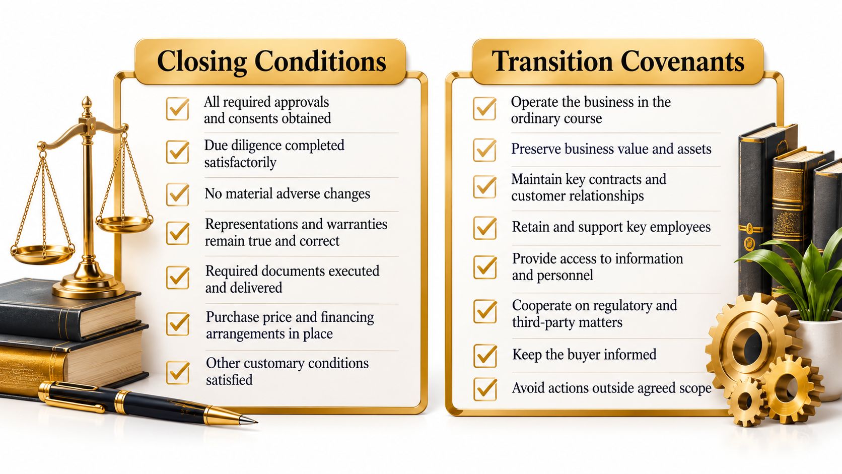 A professional infographic comparing closing conditions and transition covenants for a small business purchase agreement with legal imagery.