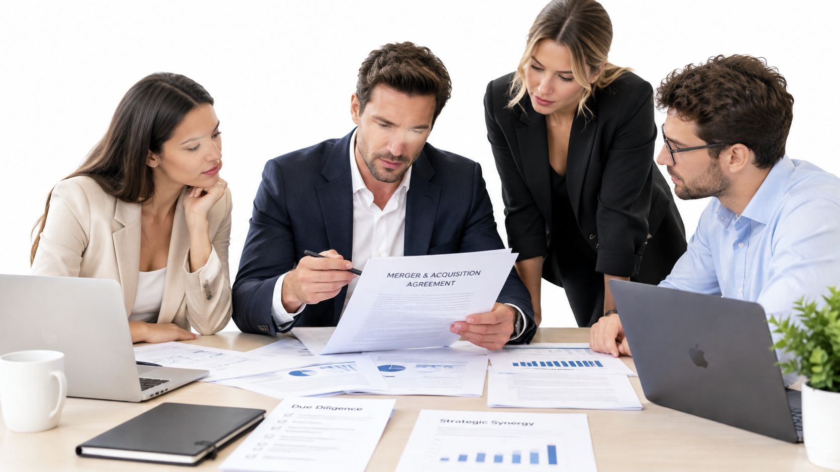 A professional team of business people reviewing a merger and acquisition agreement around a conference table.